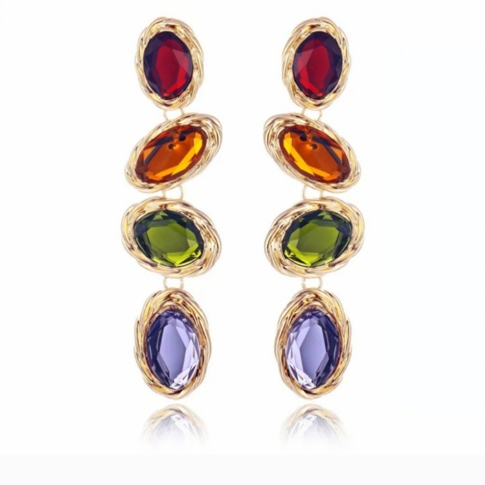 Vintage Style Colorful Crystal Indian Boho Gemstone Drop Statment Gold Earrings